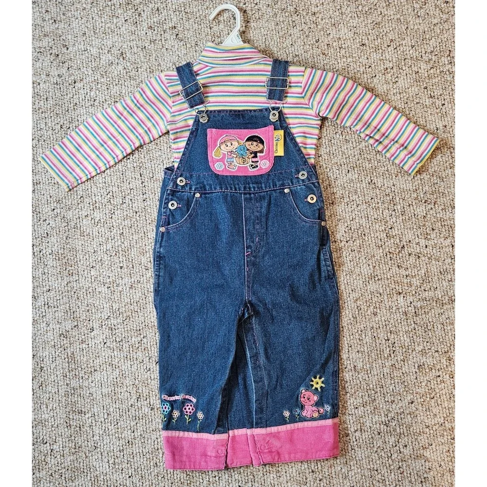Vintage Cheerios Kids Denim Overalls Striped Turtleneck Set Pink Blue 90s Floral